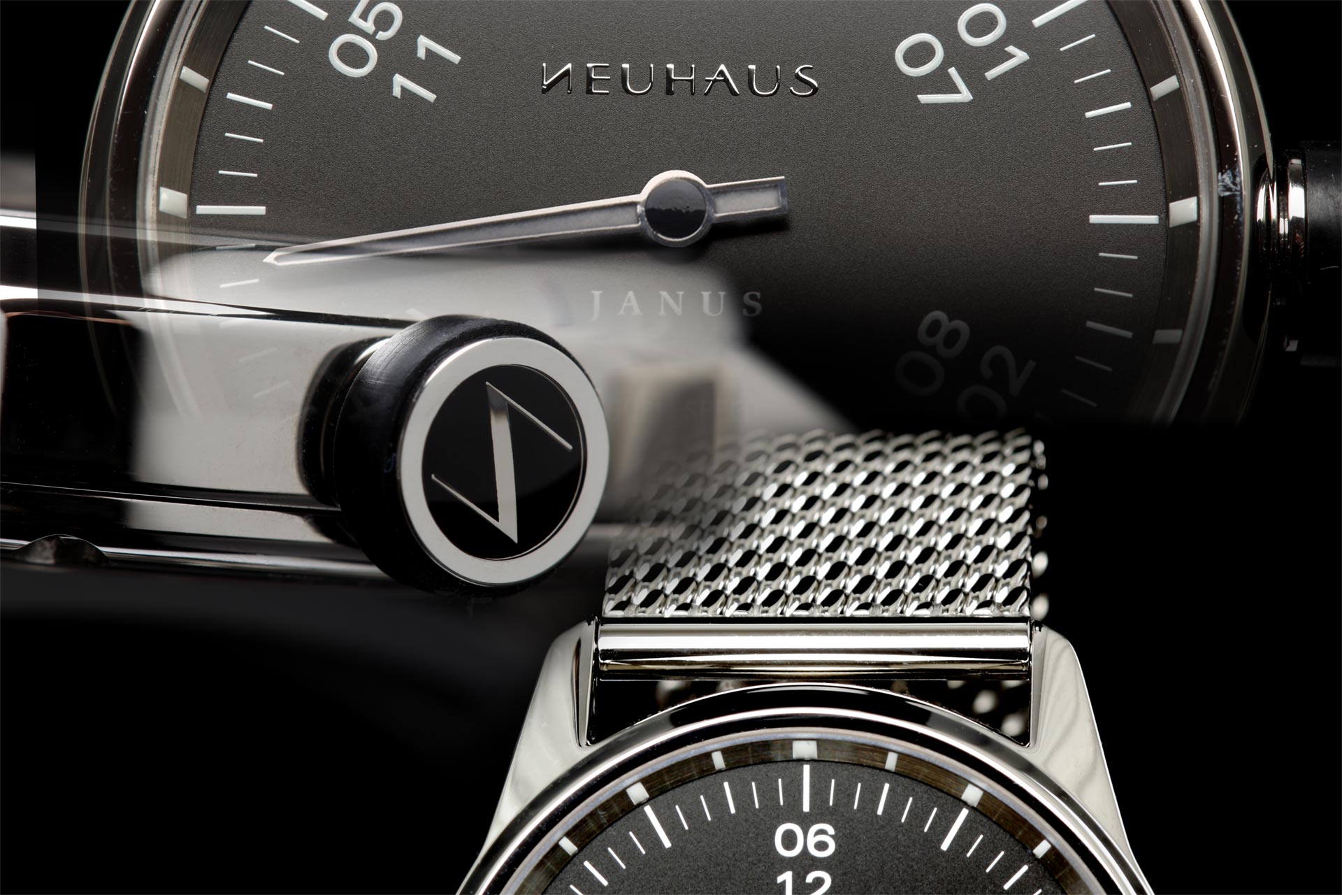 Einzeigeruhren von NEUHAUS Timepieces, Modell JANUS DoubleSpeed-Black