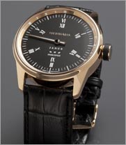 One-Hand watch by NEUHAUS Timepieces, special edition of JANUS DoubleSpeed-Roman Gold, dial black, ring with luminous colour rose gold, handmade crocodile leather bracelet black