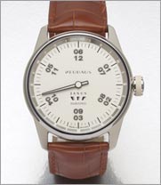 One-Hand watch by NEUHAUS Timepieces, model JANUS DoubleSpeed, dial silver, ring with luminous colour silver, genuine crocodile leather bracelet honey brown
